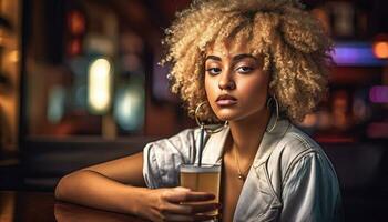 joven africano mujer disfrutando la vida nocturna a bar, sonriente y Bebiendo generado por ai foto