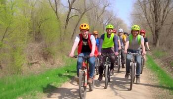 Group of people cycling outdoors, smiling, enjoying healthy lifestyle generated by AI photo