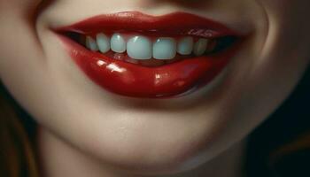 Beautiful woman with shiny lipstick smiling, looking at camera generated by AI photo