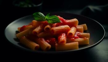 Healthy homemade vegetarian penne pasta with fresh tomato and herbs generated by AI photo