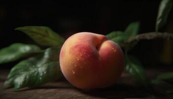 Juicy peach on rustic table showcases freshness of nature bounty generated by AI photo