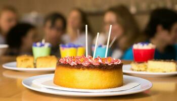 linda muchachas participación cumpleaños velas en chocolate pastel con decoraciones generado por ai foto