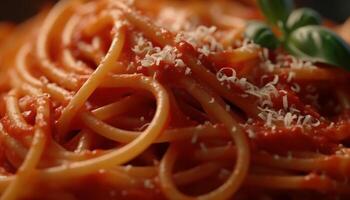 Healthy lunch plate with homemade pasta, tomato sauce, and parmesan cheese generated by AI photo