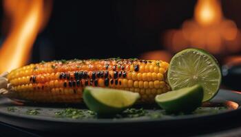 A la parrilla vegetal plato con maíz en el mazorca y Lima generado por ai foto