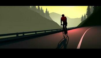 Mountain athlete cycling towards freedom at sunset, determined and successful generated by AI photo