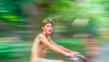 Muscular athlete running through forest, determined to win competition generated by AI photo