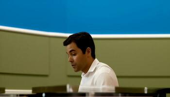 Young adult businessman studying at desk in classroom with technology generated by AI photo