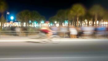 Nighttime rush hour blurred motion, illuminated city life, commuting men generated by AI photo