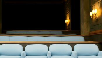 Rows of empty chairs in a modern auditorium await an audience generated by AI photo