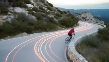 montaña andar en bicicleta hombres paseo mediante naturaleza con borroso movimiento generado por ai foto