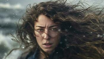 Young woman with wet hair and a joyful smile outdoors generated by AI photo