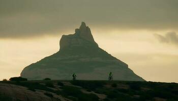 One person hiking mountain peak at sunrise, beauty in nature generated by AI photo