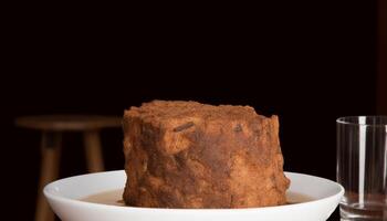 gastrónomo postre en de madera plato con chocolate y Fresco bayas generado por ai foto