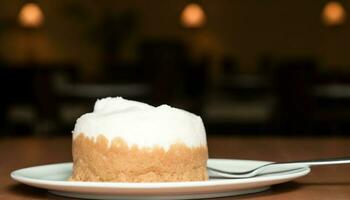 Indulgent homemade dessert with whipped cream and chocolate icing generated by AI photo