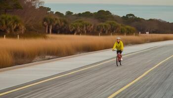 uno persona ciclismo al aire libre, un sano estilo de vida y aventuras búsqueda generado por ai foto