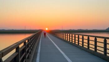 Silhouette of man made bridge reflects tranquil sunset over water generated by AI photo