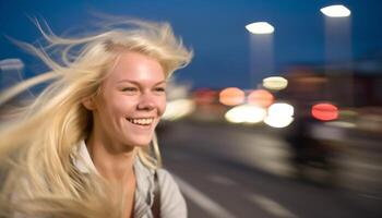 joven mujer disfrutando despreocupado ciudad la vida nocturna, iluminado paisaje urbano en antecedentes generado por ai foto