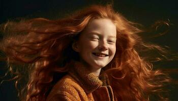 Smiling young woman with long curly brown hair enjoying nature generated by AI photo