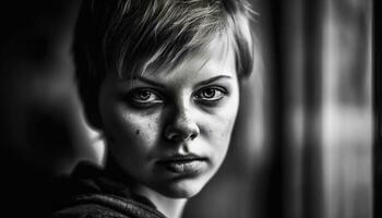 joven adulto retrato de un triste caucásico mujer mirando grave generado por ai foto