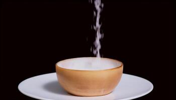 Hot coffee pours into black cup, steam rises, refreshing scent generated by AI photo