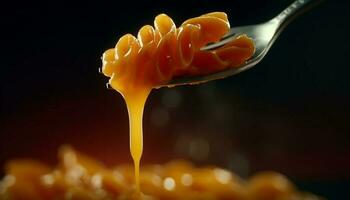 sano orgánico pasta con miel y Fresco vegetal salsa generado por ai foto