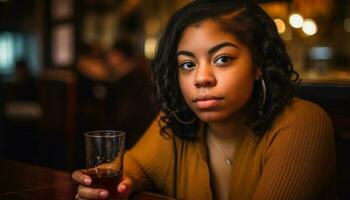 Young African woman smiling, holding drink, looking confident at bar generated by AI photo