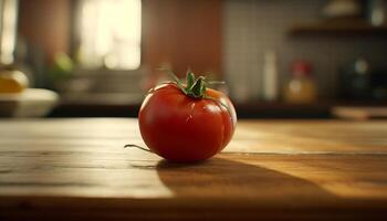 Ripe tomato on wooden cutting board, a healthy gourmet salad generated by AI photo