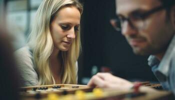 Two young adults playing board game indoors with concentration generated by AI photo