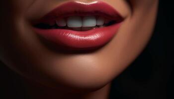 Beautiful young woman with shiny lips and perfect teeth smiles generated by AI photo