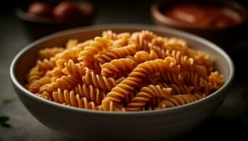 Healthy pasta meal in wooden bowl with fresh organic ingredients generated by AI photo