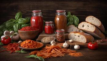 Healthy vegetarian meal with fresh vegetables, homemade ciabatta, and herbs generated by AI photo