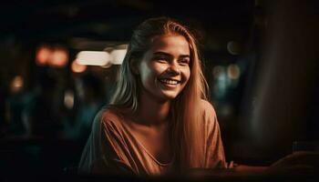 sonriente joven adulto mujer disfrutando la vida nocturna, mirando a cámara con confianza generado por ai foto
