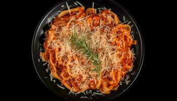 Gourmet pasta meal with bolognese sauce, parmesan cheese and herbs generated by AI photo