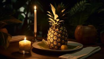 Fresh pineapple on wooden table with candlelight and tropical leaf generated by AI photo