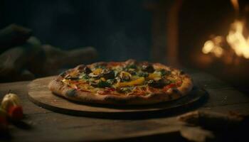 Freshly baked pizza on rustic wood table, Italian gourmet meal generated by AI photo