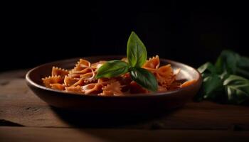 sano pasta comida con Fresco hierbas en rústico de madera mesa generado por ai foto