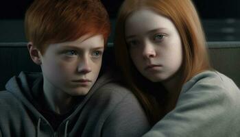 Two young siblings, a redhead and a boy, sulking indoors generated by AI photo