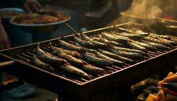 A la parrilla Mariscos brochetas, carbonizarse A la parrilla a perfección, Listo a comer aperitivo generado por ai foto