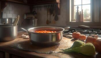 Healthy vegetarian soup cooking on rustic stove top in kitchen generated by AI photo