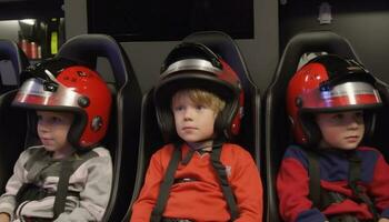 Caucasian boys in sports helmets playing safely in car transportation generated by AI photo