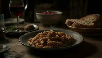 Healthy meal of pasta and bread on rustic wooden table generated by AI photo