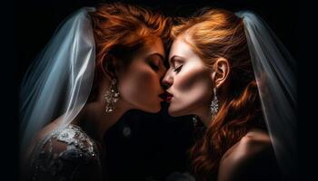 Two young adult females in wedding glamour, elegance and sensuality generated by AI photo