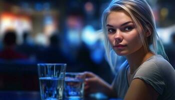 joven mujer disfrutando la vida nocturna a un bar en el ciudad generado por ai foto