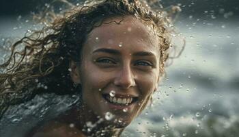 sonriente joven mujer disfruta juguetón agua salpicaduras en naturaleza al aire libre generado por ai foto