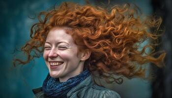 sonriente joven adulto mujer con Rizado marrón pelo al aire libre riendo generado por ai foto