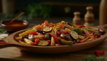 Fresh vegetarian salad with grilled vegetables and homemade sauce generated by AI photo