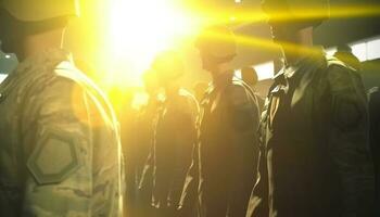 puesta de sol Ejército caminando, armado efectivo en uniforme, ciudad vida evento generado por ai foto