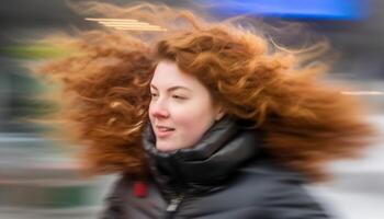 sonriente joven mujer disfruta libertad en naturaleza con Rizado pelo generado por ai foto