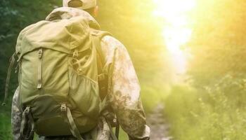 One person hiking in the forest with a backpack generated by AI photo