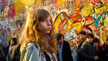 Young adults smiling in a multi colored city street graffiti scene generated by AI photo